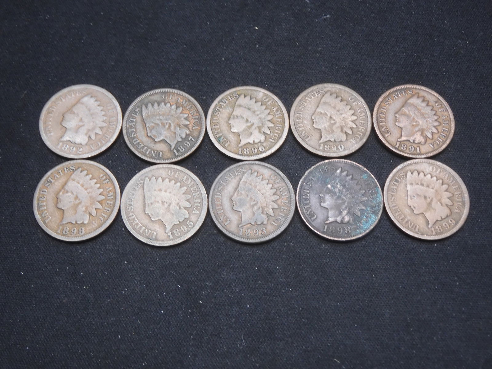 1890, 91, 92, 93, 95, 96, 97, (2) 98, 99 Indian Cents - 10 Coins (1 of 2)