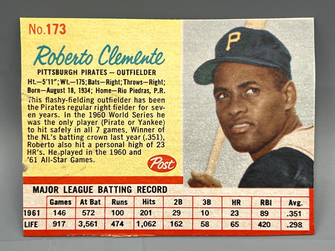 1962 Post Cereal Roberto Clemente #173 (1 of 2)
