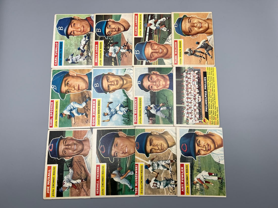 Lot of 12 - 1956 Topps Baseball Dodgers and Reds Cards - Varying Conditions (1 of 2)