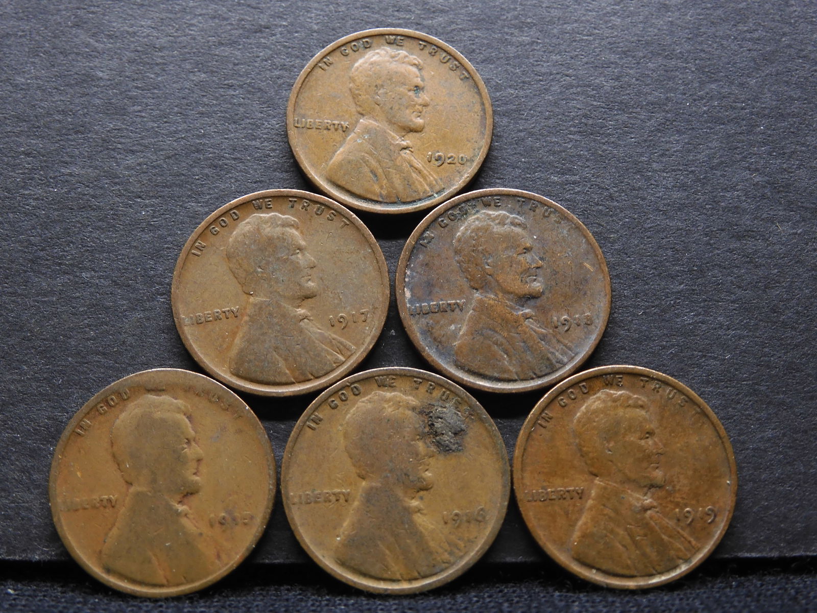 1915 1916 1917 1918 1919 1920 Lincoln Head Wheat Cents. 6 Coins. (1 of 2)
