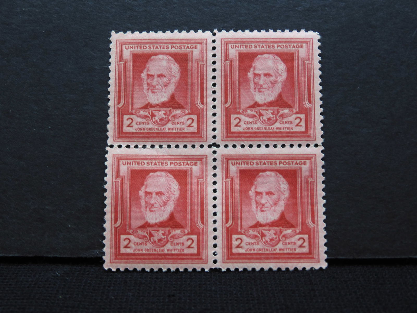 1940 John Greenleaf Whittier, Great Americans Series, 2-Cent Block Of 4 U.S. Stamps.  Scotts # 865. (1 of 2)