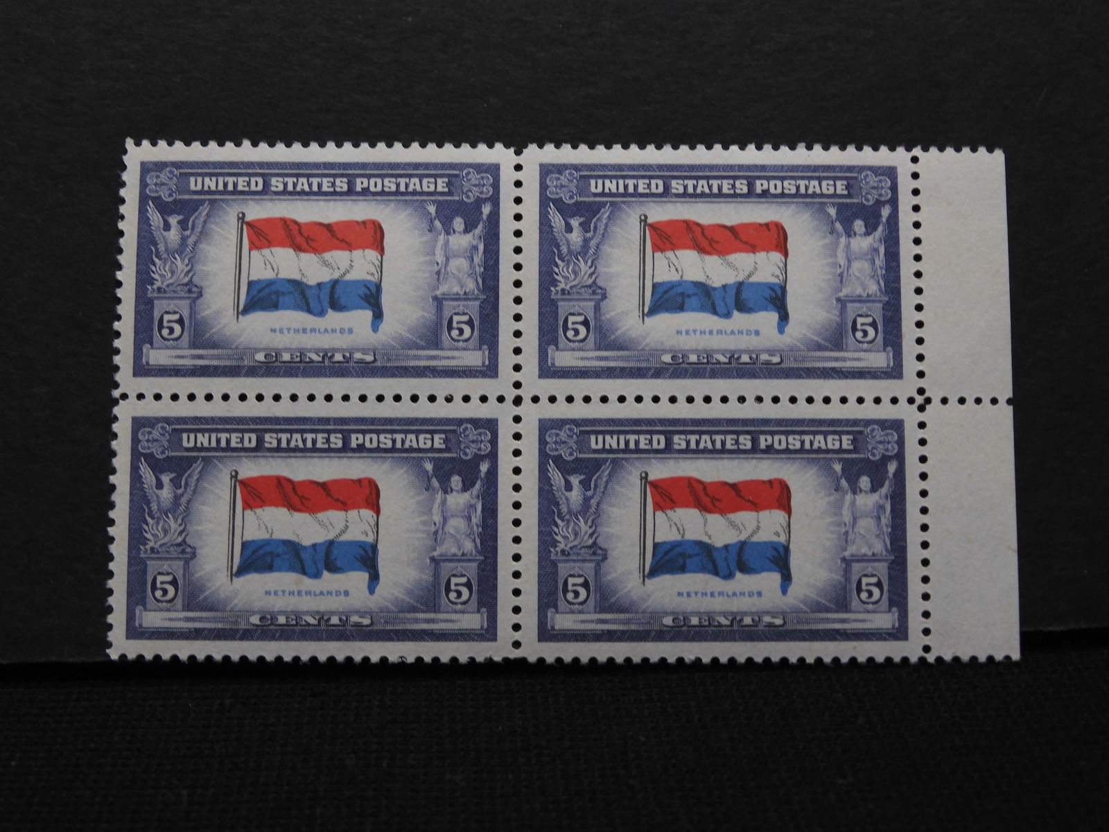 1943 Flag Of Netherlands Series, 5-Cent Block Of 4 U.S. Stamps.  Scotts # 913. (1 of 2)