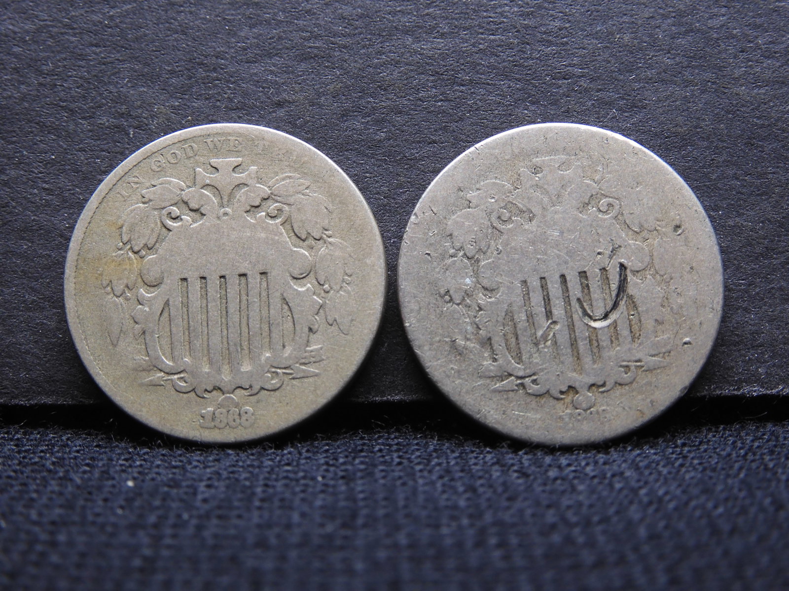 (2) 1868 Shield Nickels: (2) 1868 Shield Nickels