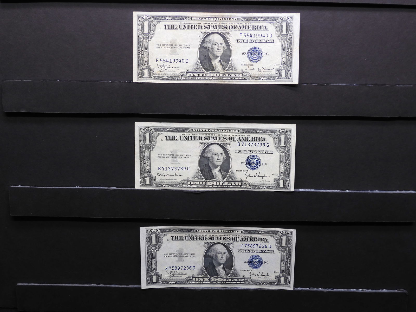 (3) One Dollar Silver Certificates  1935 B, 1935 D, 1935 C (1 of 3)
