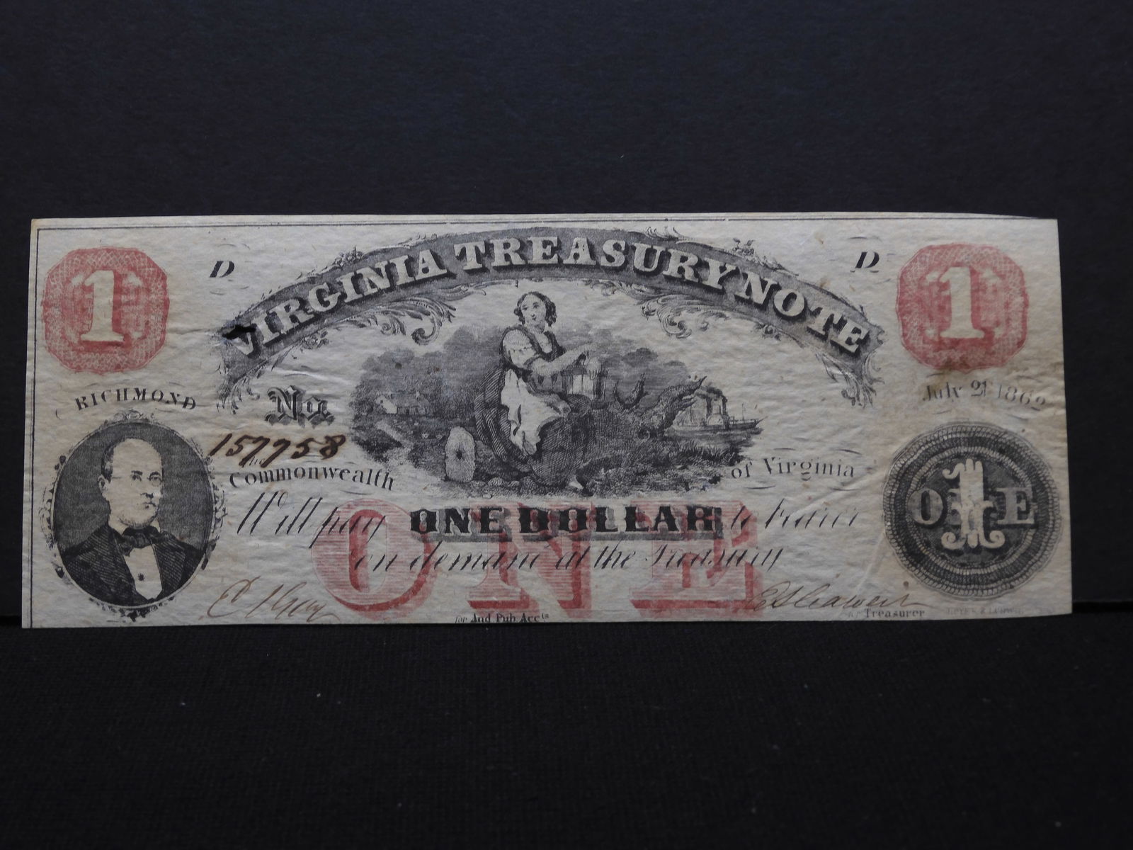Obsolete Note - Virginia Treasury Note $1 - #157758 - Nice Condition (1 of 3)