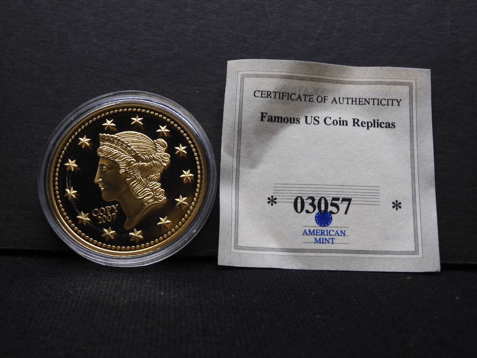 Famous US Coin Replicas - 2007 Proof Copper Gold-Plated Round - Liberty Head $1 Replica w/ COA (1 of 4)