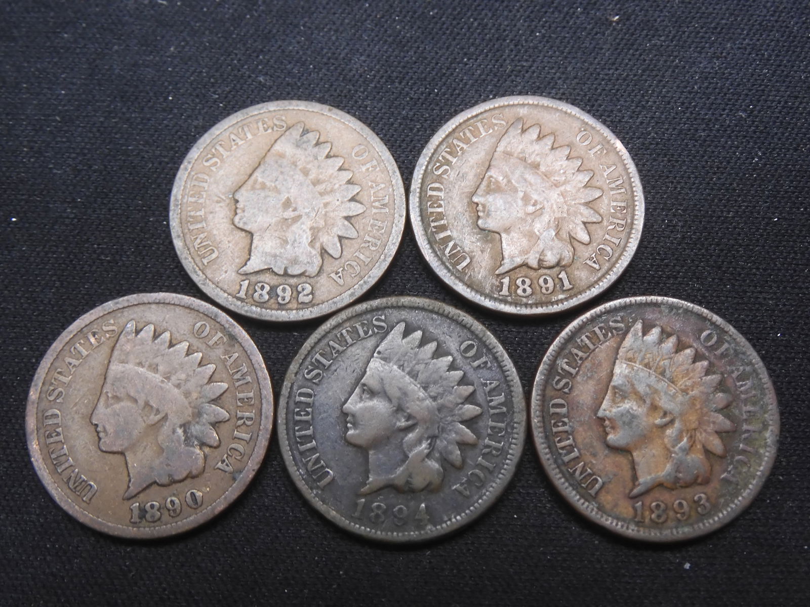 1890-1894 Indian Cents - 5 Consecutive Dates (1 of 2)