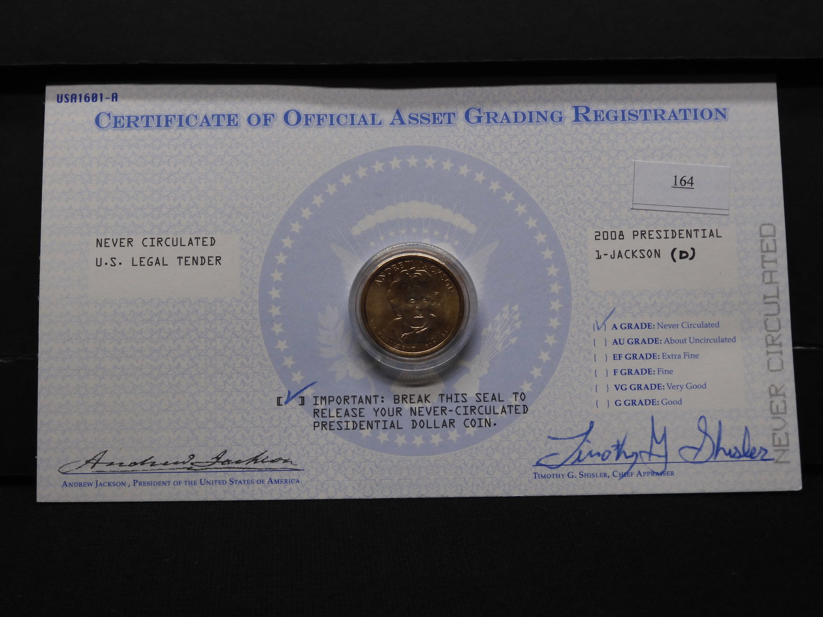 2008 Jackson Presidential Dollar w/ COA: 2008 Jackson Presidential Dollar w/ COA