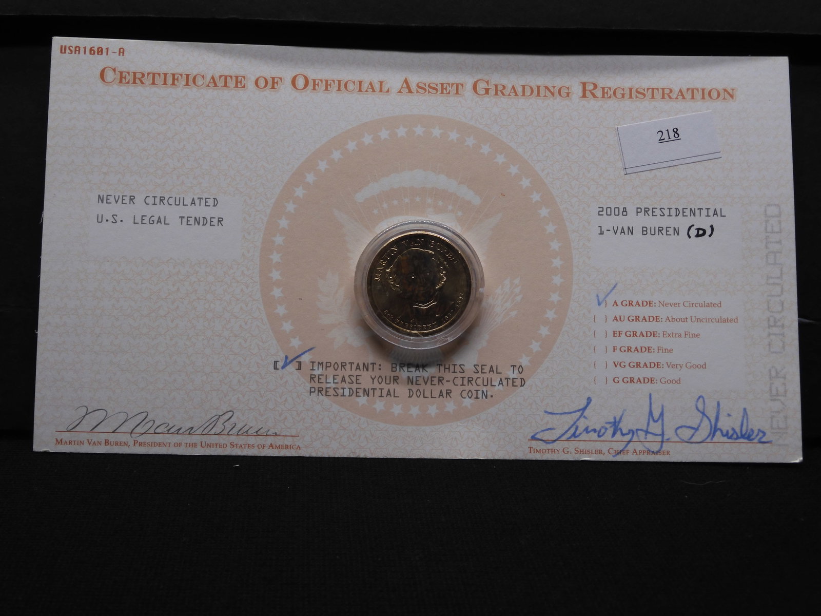 2008 Van Buren Presidential Dollar w/ COA: 2008 Van Buren Presidential Dollar w/ COA
