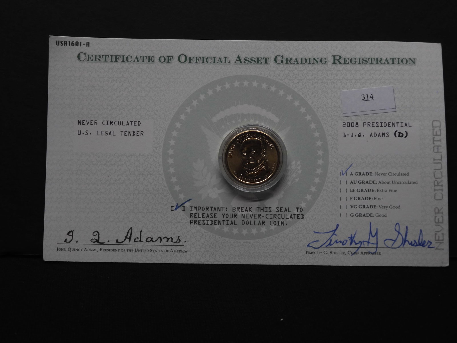 2008 Adams Presidential Dollar w/ COA: 2008 Adams Presidential Dollar w/ COA