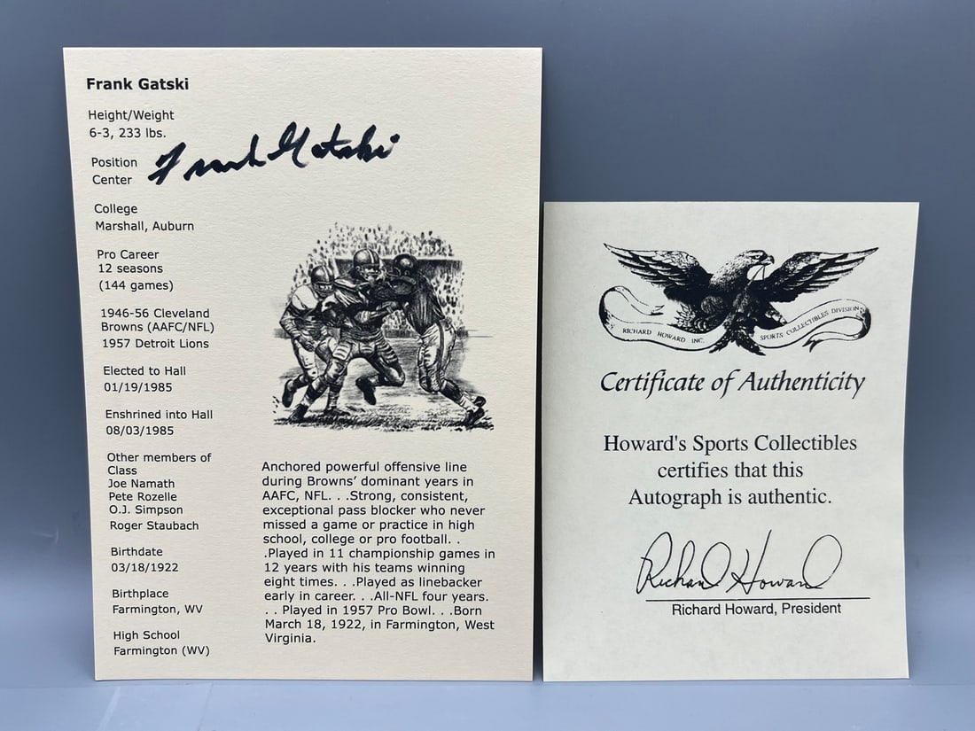 Frank Gatski Football Signed Hall of Fame Photo W/ COA (1 of 2)