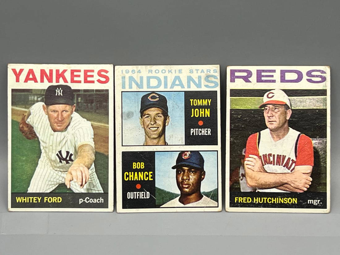 Lot Of (3) 1964 Topps Baseball Cards W/ Whitey Ford & Tommy John Rc Varying Conditions Auction