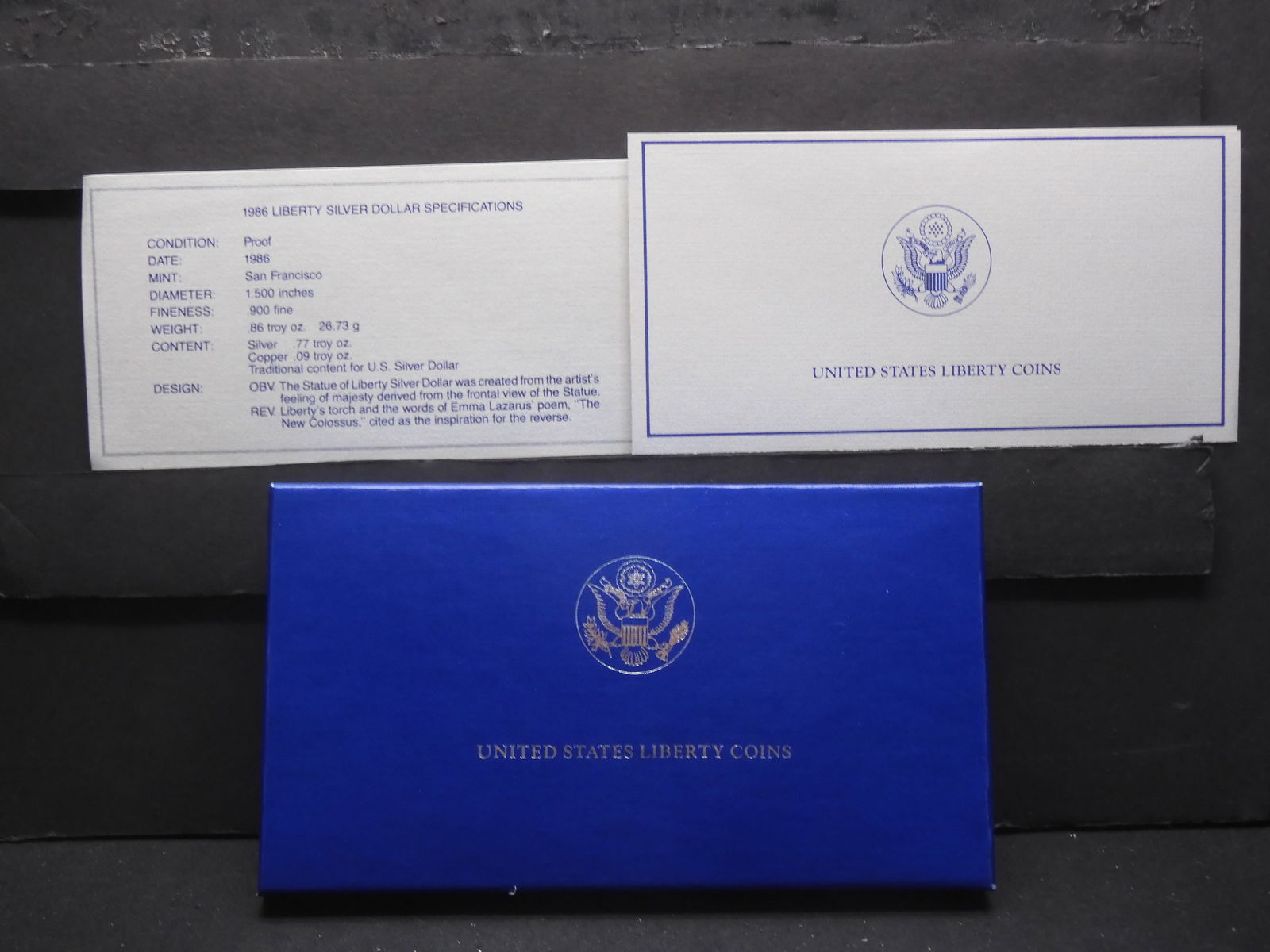 1986-S US Mint Liberty Coins, PROOF Silver Dollar, Clad Half Dollar, OGP w/COA (1 of 6)