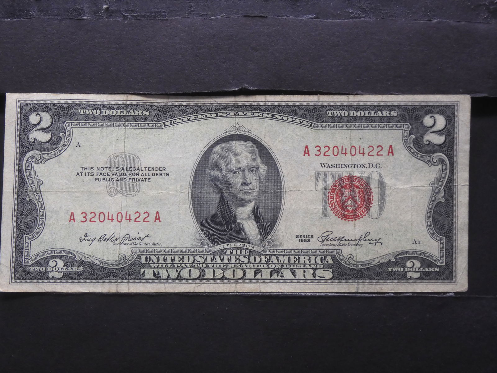 1953, Bookends, Red, $2 bill, 70 years old! (1 of 3)