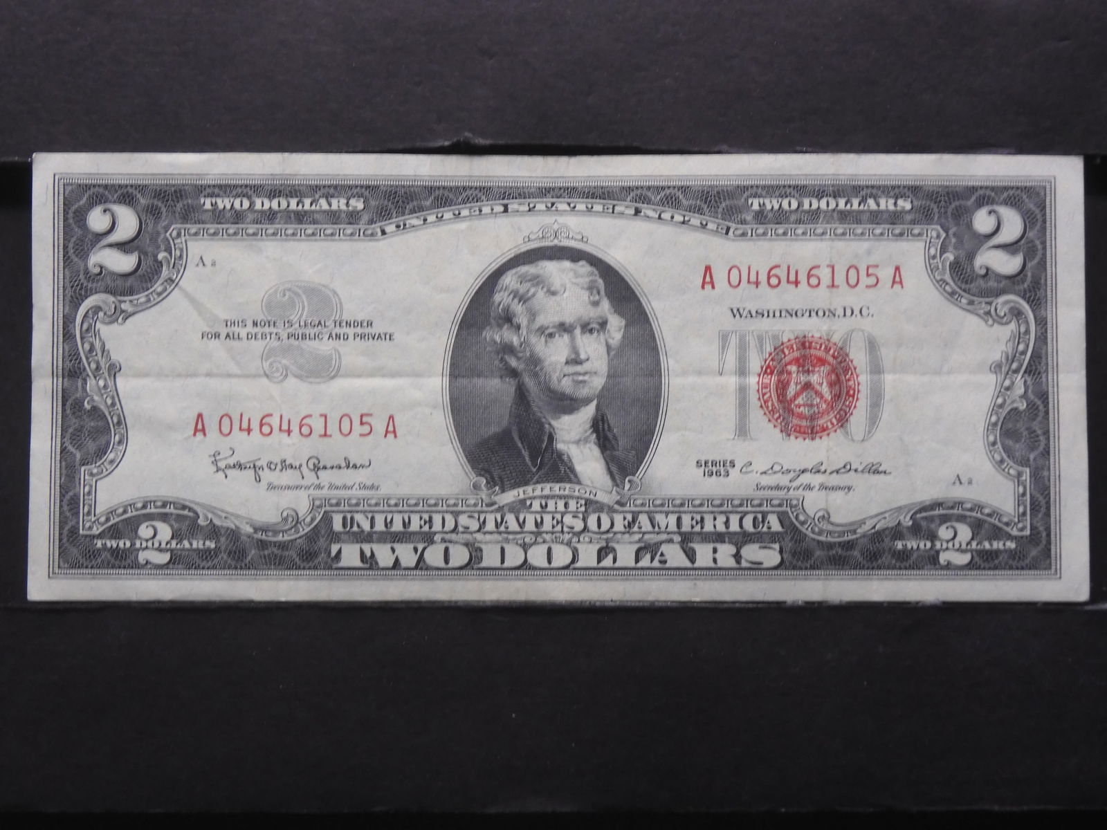 1963, Fairly Crisp, Low Serial number, bookends, $2 bill, 60 years old!: 1963, Fairly Crisp, Low Serial number, bookends, $2 bill, 60 years old!