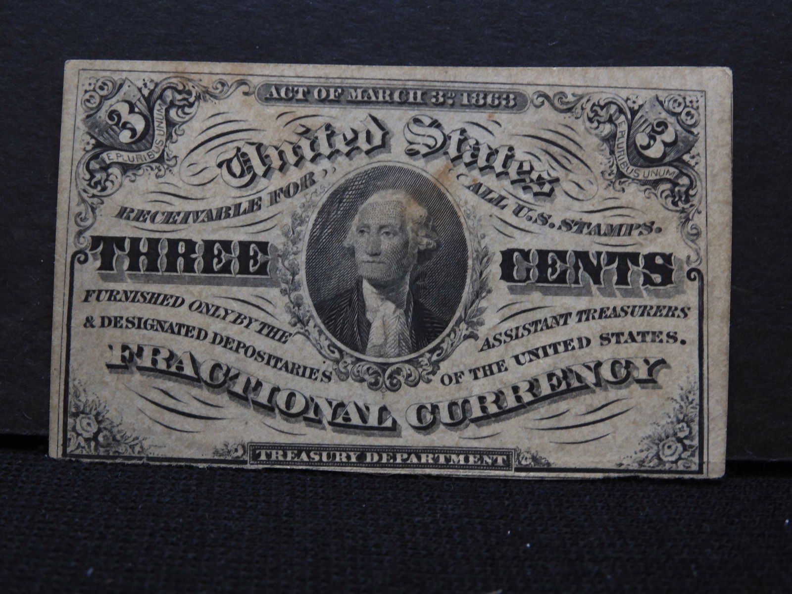 FR 1227 1864-69 Three Cent Fractional Currency with Dark Background.  Tough.  Uncirculated. (1 of 3)