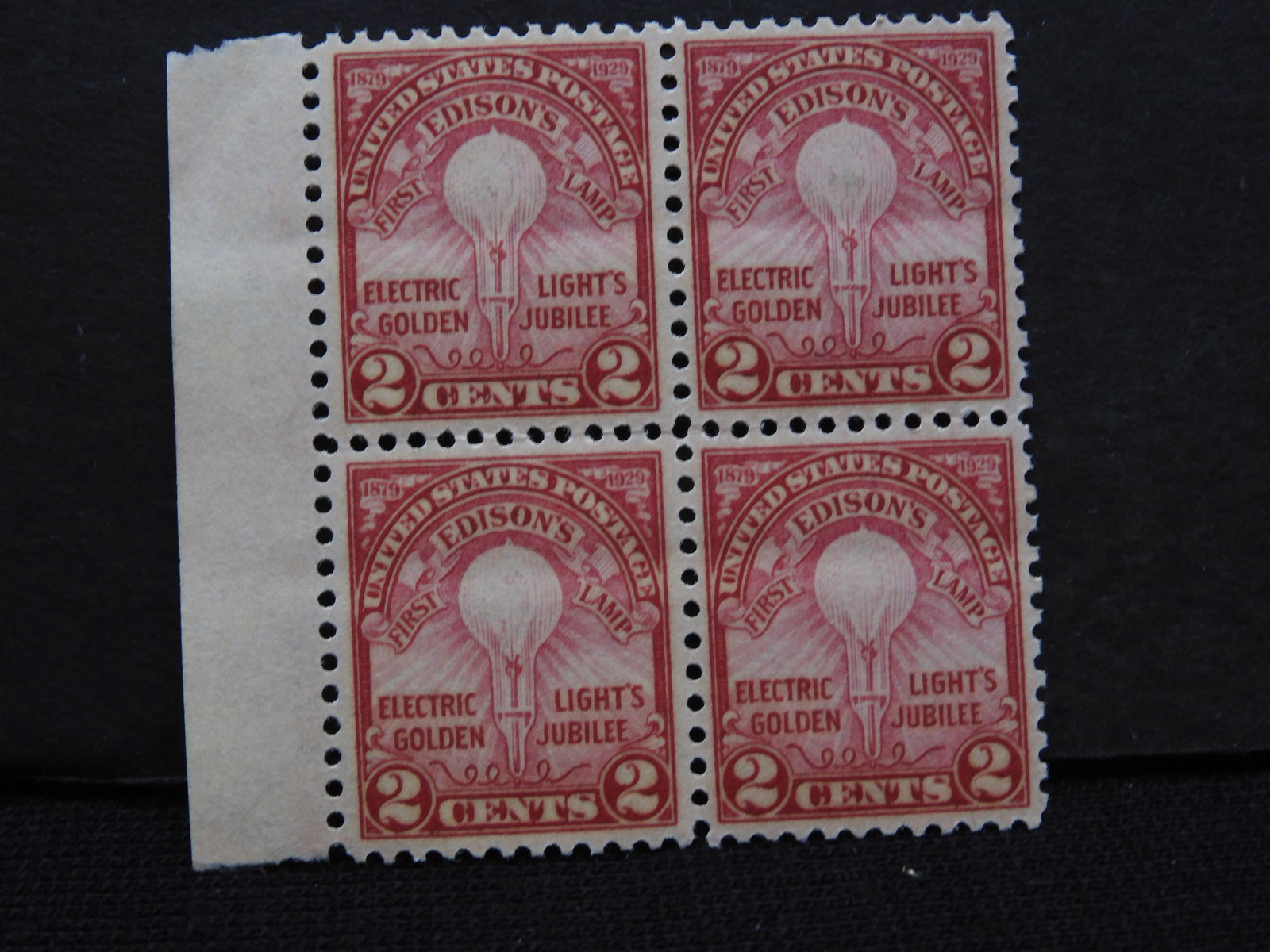 1929 First Edison's Lamp Golden Jubilee, 2-Cent Block Of 4 U.S. Stamps.  Scotts # 656. (1 of 2)