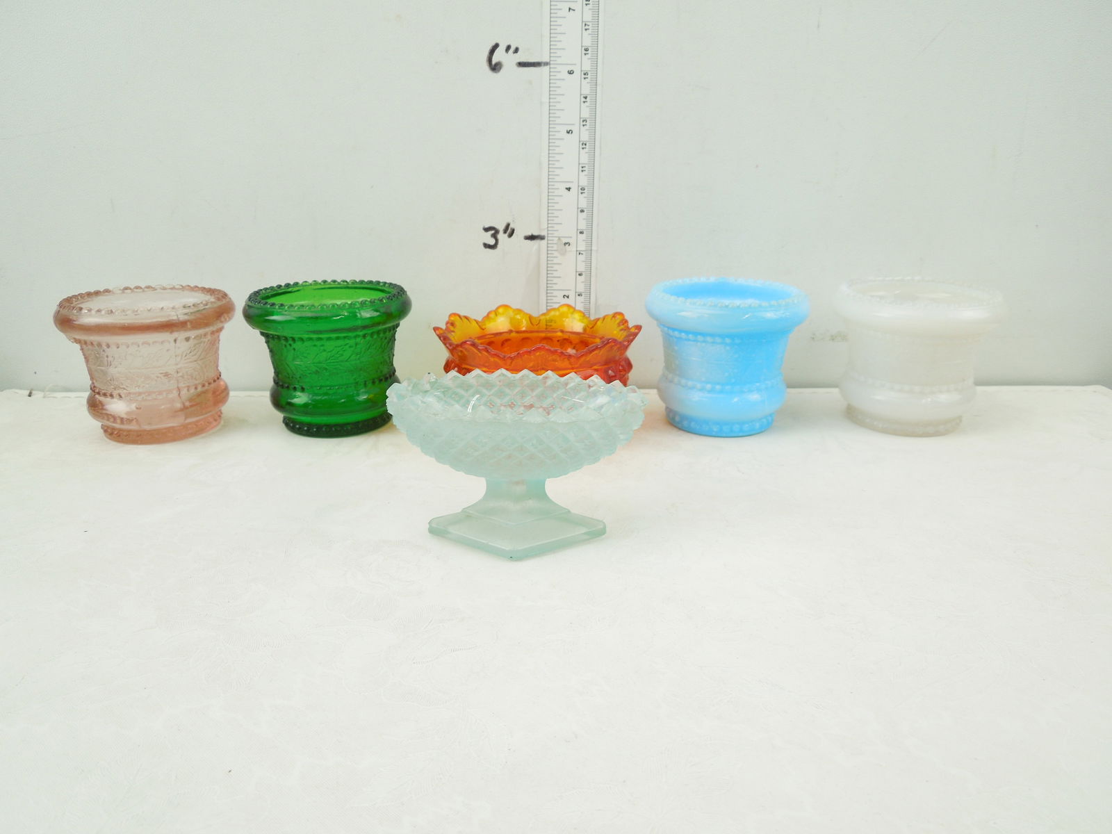 (4) Glass Toothpick holders, Miniature Bowl, Fenton Fairy Lamp Bottom: (4) Glass Toothpick holders, Miniature Bowl, Fenton Fairy Lamp Bottom