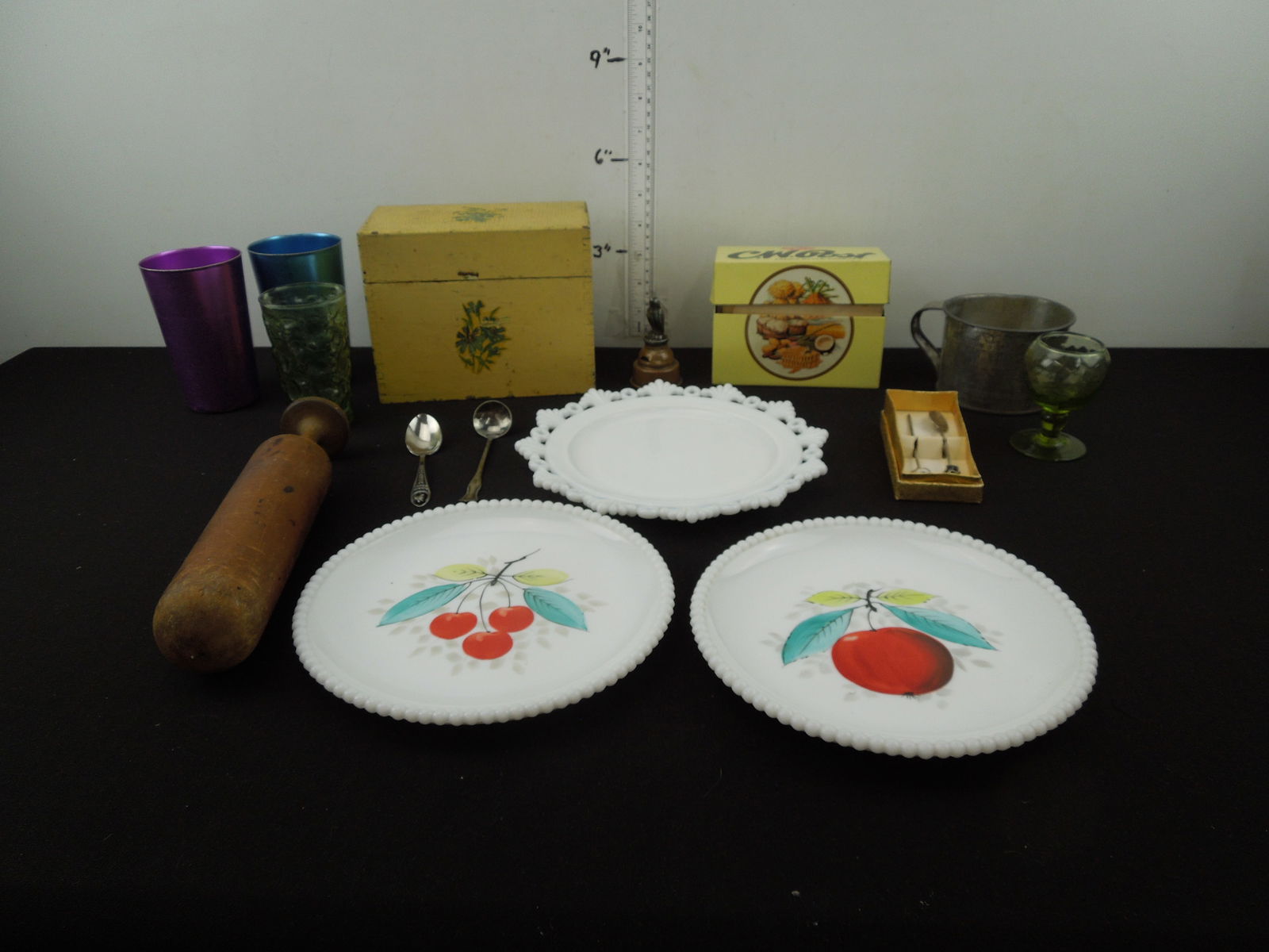 Recipe Boxes w/Some of Grandma's Favorite Recipes, Tin Cup, Milk Glass Plates, Souvenir Spoons,  Pie (1 of 11)
