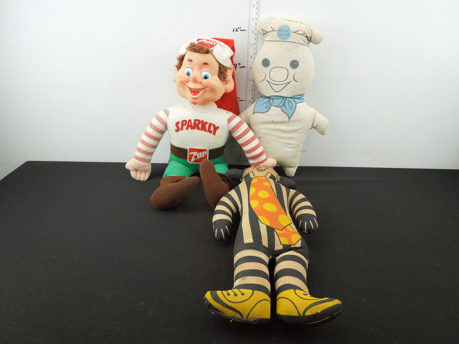 Three Advertising Cloth Dolls. Pilsbury Dough Boy, 7-UP's Sparkly, and McDonald's Hamburglar (1 of 9)