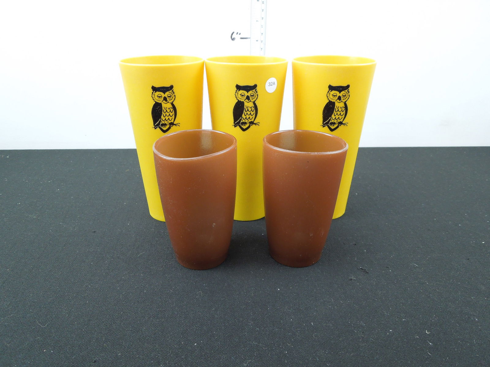 3 Vintage Owl Nasco Plastic Stacking Yellow Gold Black Owl Halloween Cups, and 2 Small Plastic: 3 Vintage Owl Nasco Plastic Stacking Yellow Gold Black Owl Halloween Cups, and 2 Small Plastic Juice Cups