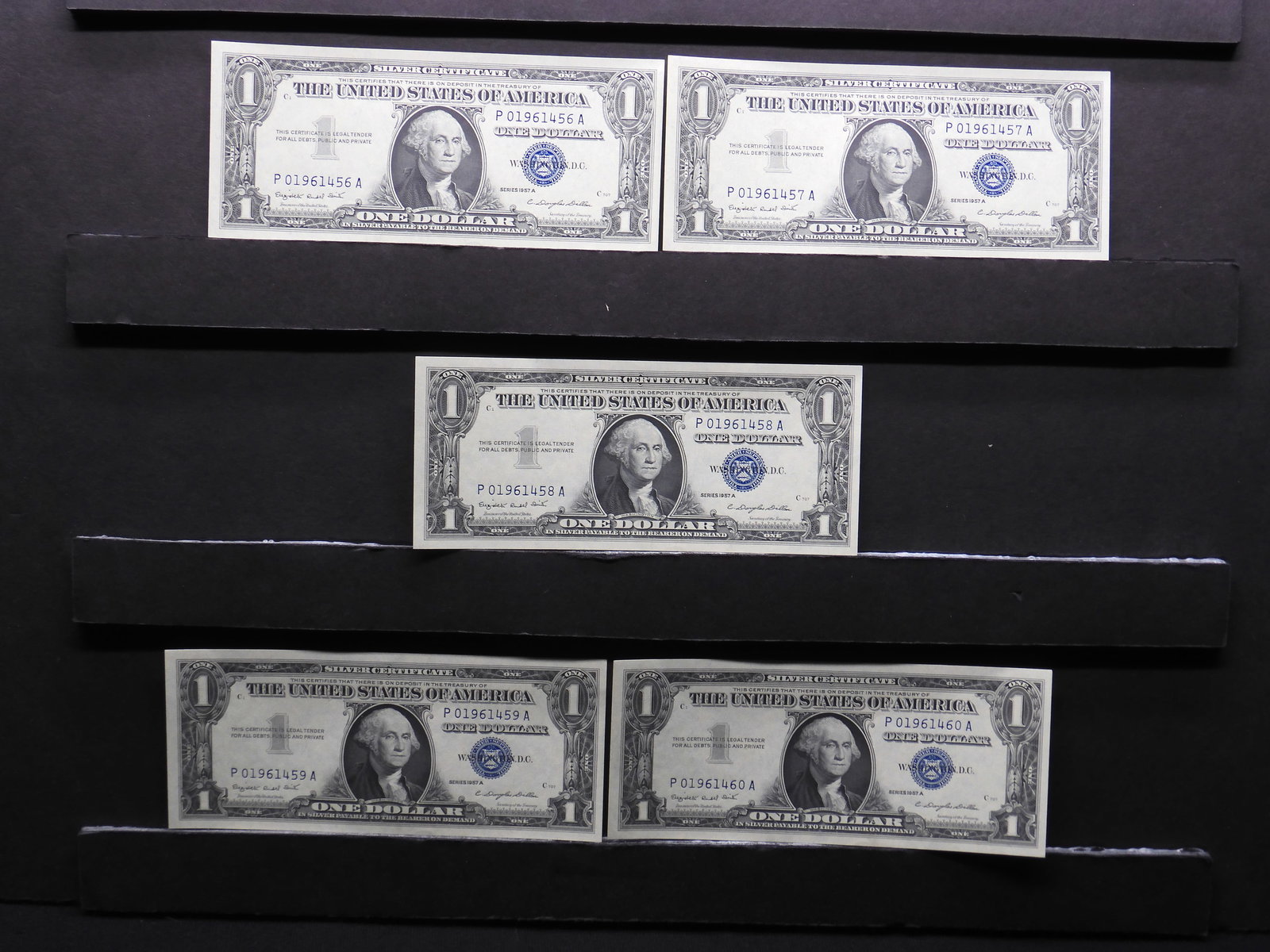 Five One Dollar Blue Seal Silver Certificates w/ Consecutive SN's Crisp Unc (1 of 4)