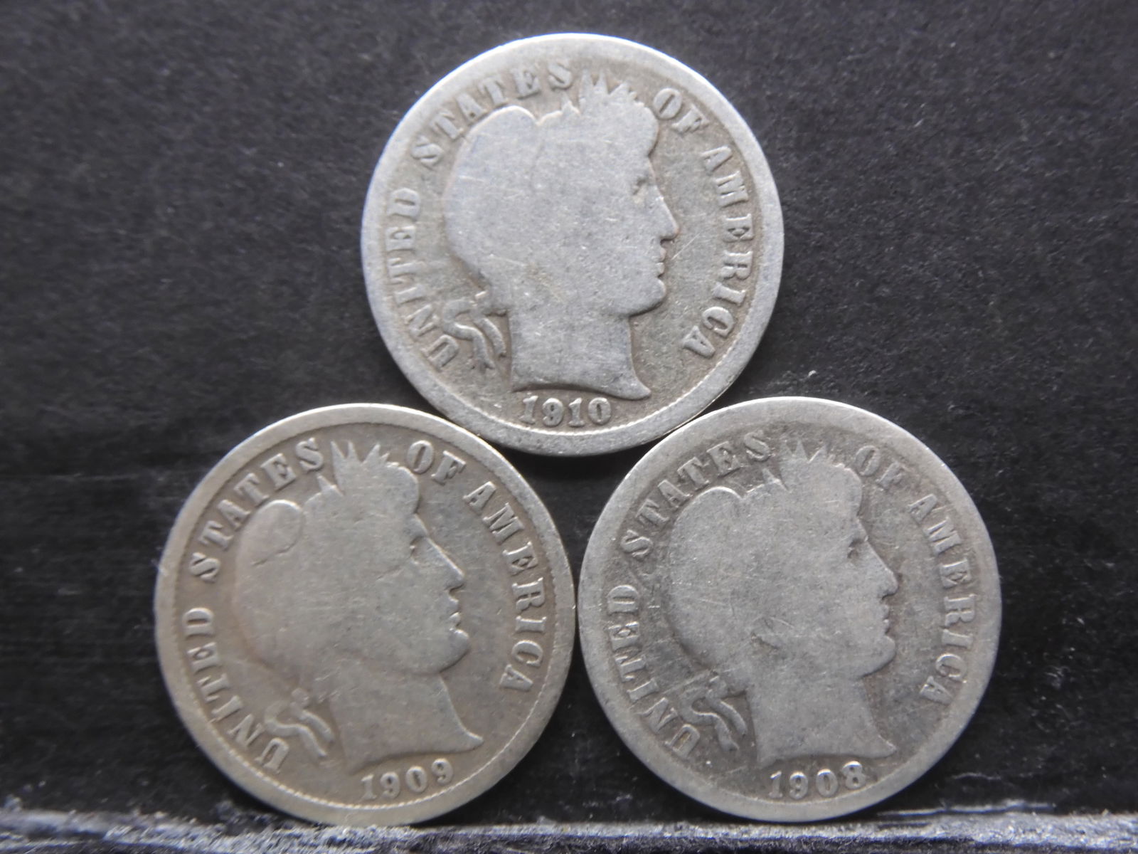 3 Consecutive-1908, 1909, 1910-90% Silver, Barber Dimes (1 of 2)