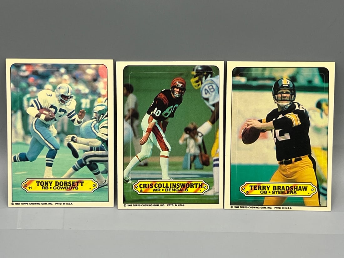 Lot of (3) 1983 Topps Football Star Player Sticker Cards - Varying Conditions - Tony Dorsett, Cris (1 of 2)