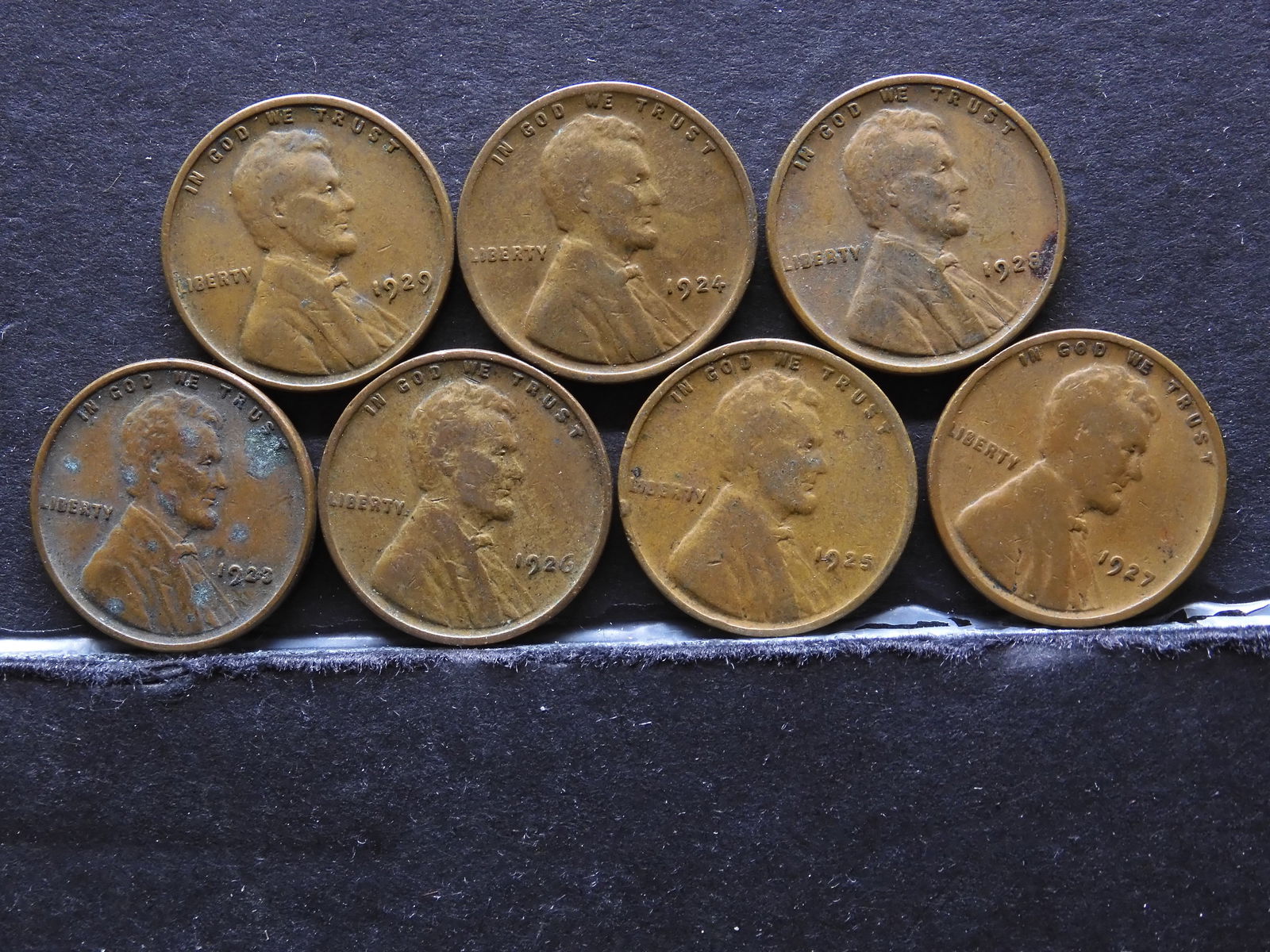 1923 1924 1925 1926 1927 1928 1929 Lincoln Head Wheat Cents. 7 Coins. (1 of 2)