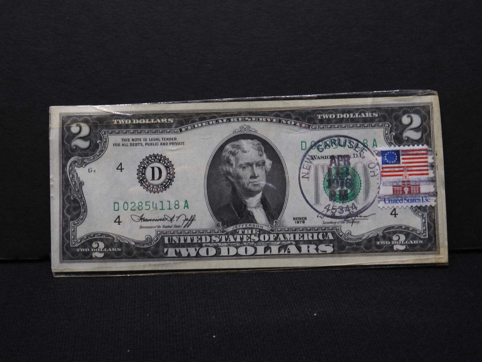 1976 $2 Bicentennial Federal Reserve Note First Day Of Issue, Postmarked New Carlisle, OH, 4/13/76. (1 of 3)