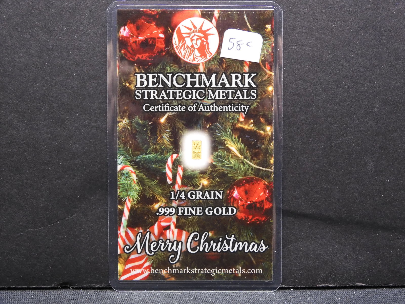 .999 Fine Gold, Merry Christmas, 0.25 grain, COA-Benchmark Metals, sealed-new! (1 of 3)