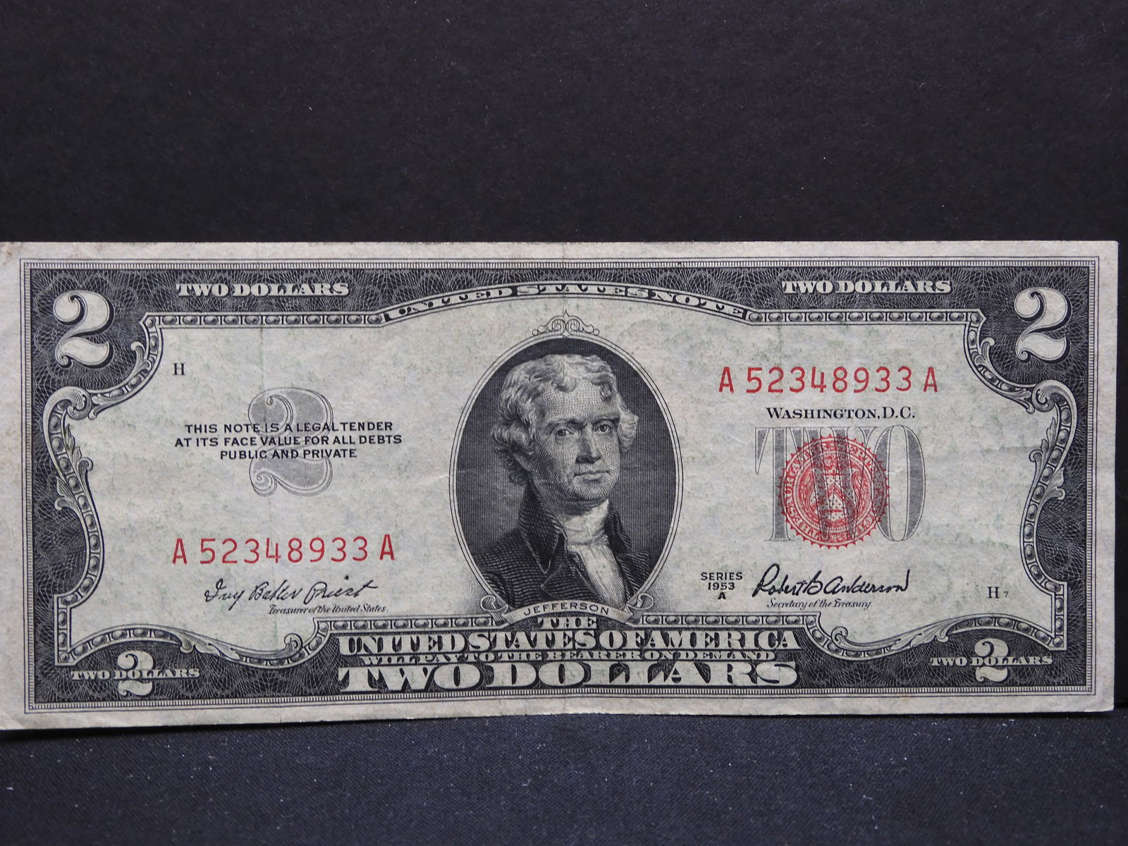 1953 A, Slight Die Shift, Red Seal-bookends, $2 bill, 70 years old! (1 of 3)