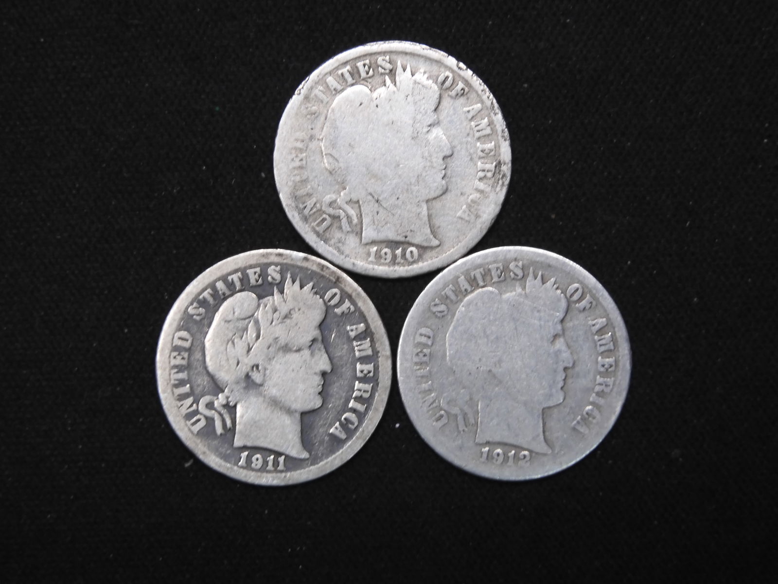 3 Consecutive, 1910-1912 S, 90% Silver, Barber Dimes, over 110 years old! (1 of 2)