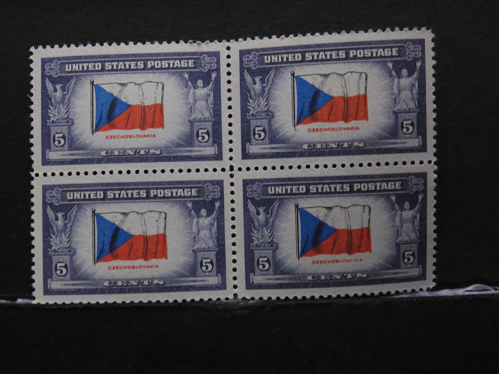 1943 Czechoslovakia Flag Series Of 5-Cent Block Of 4 U.S. Stamps.  Scotts # 910. (1 of 2)