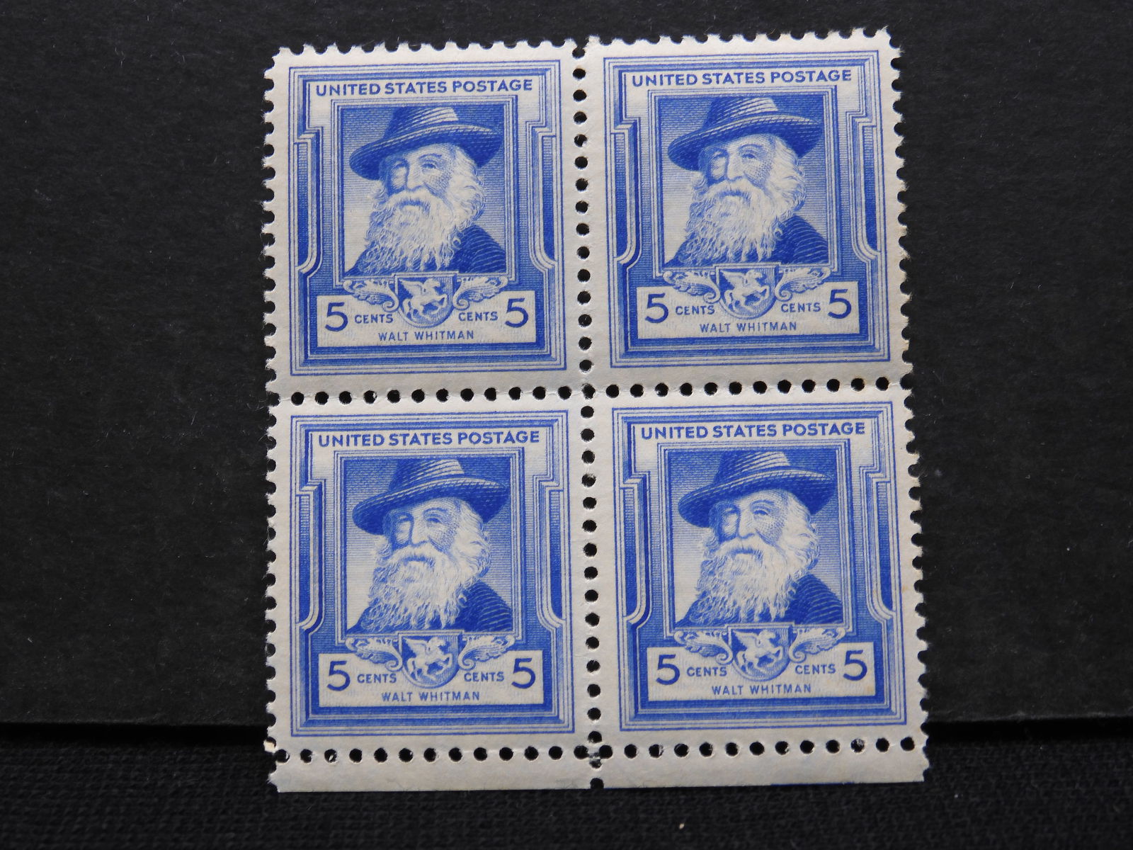 1940 Walt Whitman, Famous American Series Of 5-Cent Block Of 4 U.S. Stamps.  Scotts # 867. (1 of 2)