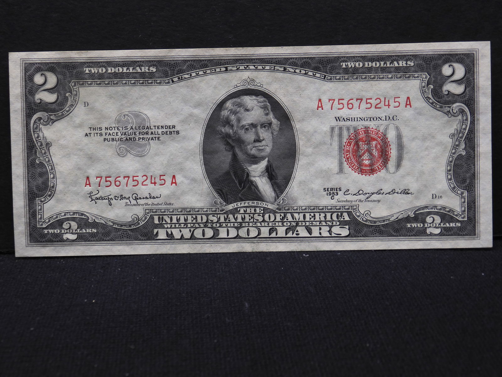 1953-C Uncirculated $2 U.S. Red Seal United States Note.  Bust Of Thomas Jefferson. (1 of 3)