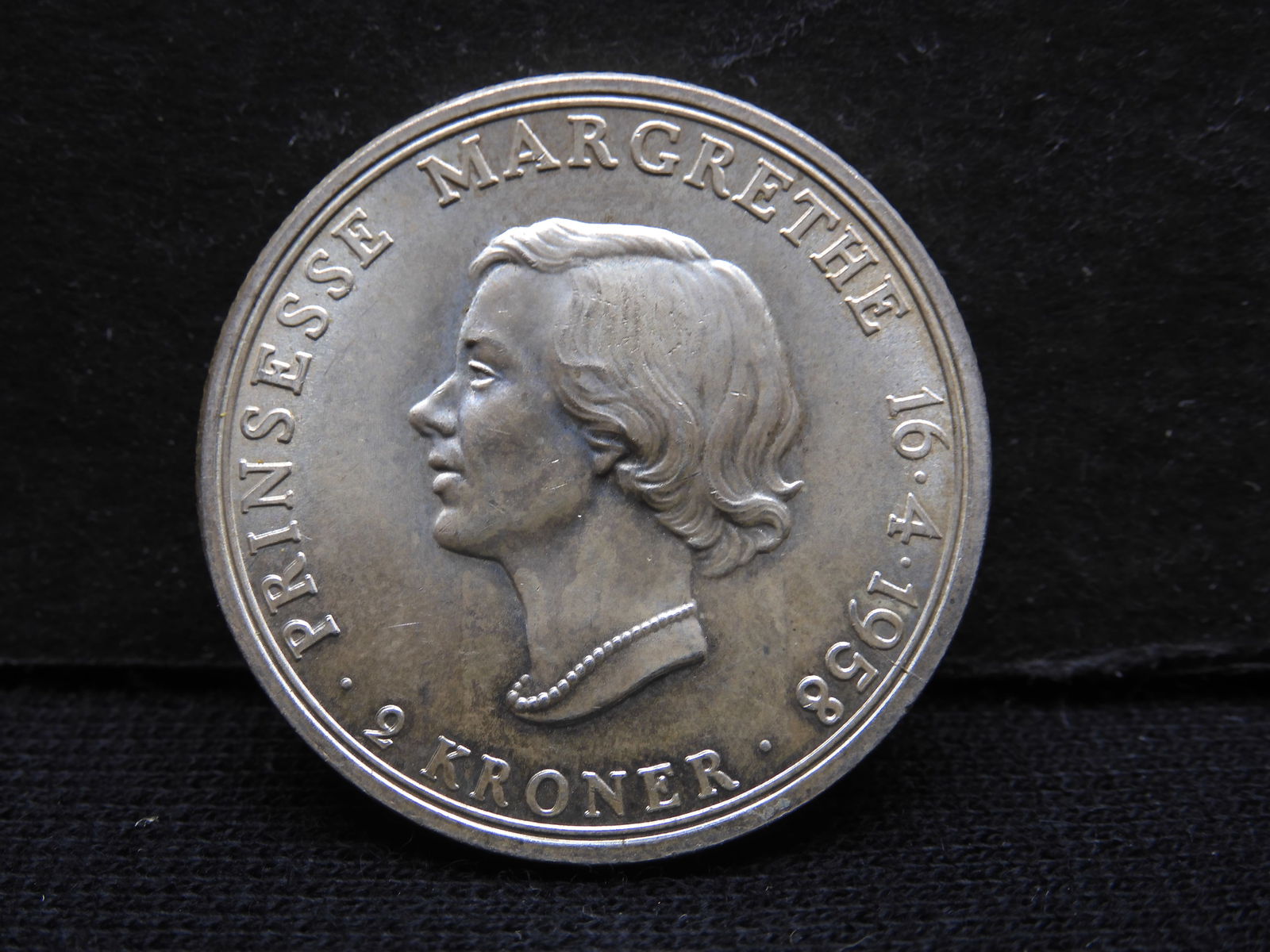 1958 Denmark .800 silver 2 Kroner.  Celebration of Princess Margrethe?s 18th Birthday.  Choice BU. (1 of 3)