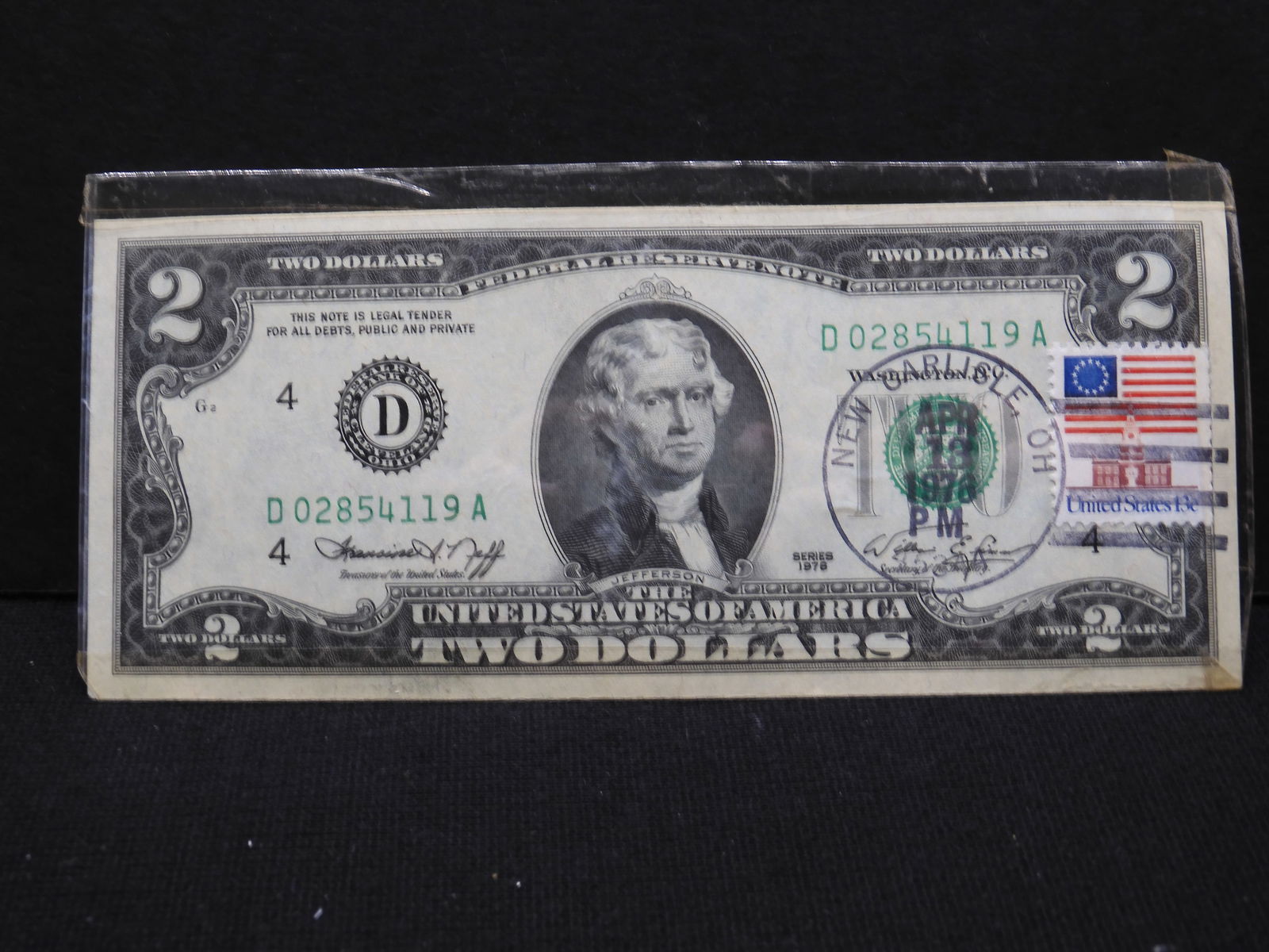 1976 Uncirculated $2 Bicentennial Federal Reserve Note First Day Of Issue, Postmarked New Carlisle, (1 of 3)