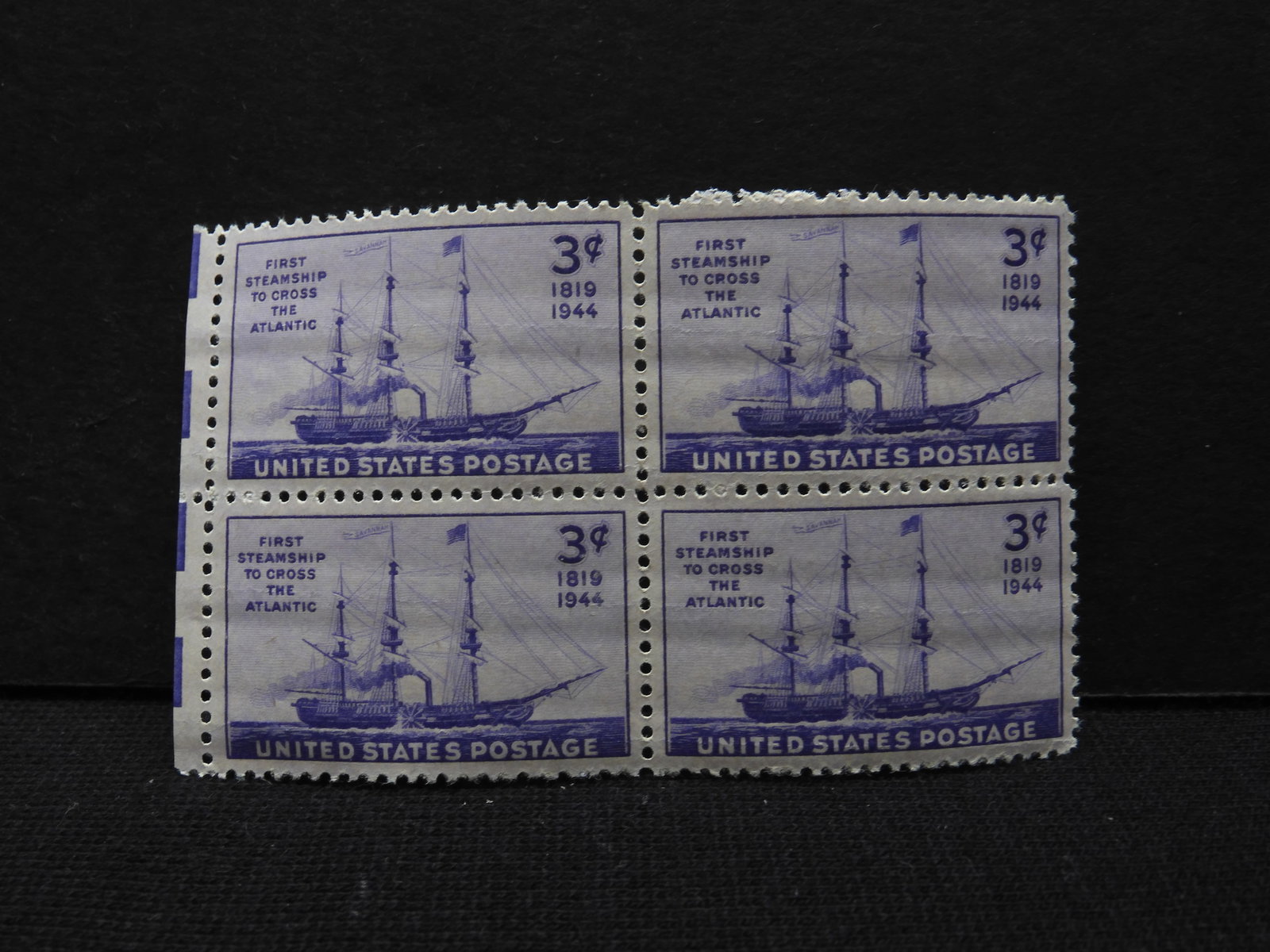 1944 Block Of Four 3-Cent U.S. Stamps Commemorating First Steam Ship To Cross Atlantic Ocean.: 1944 Block Of Four 3-Cent U.S. Stamps Commemorating First Steam Ship To Cross Atlantic Ocean. Scotts # 923.