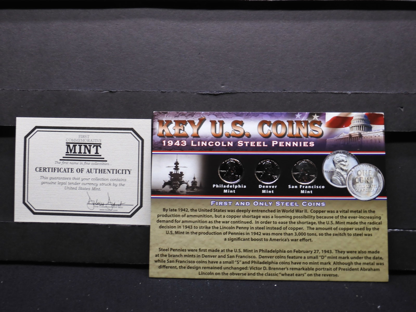 Key U.S. Coins - 1943 Lincoln Steel Wheat Pennies - 3 Coins w/ History: Key U.S. Coins - 1943 Lincoln Steel Wheat Pennies - 3 Coins w/ History