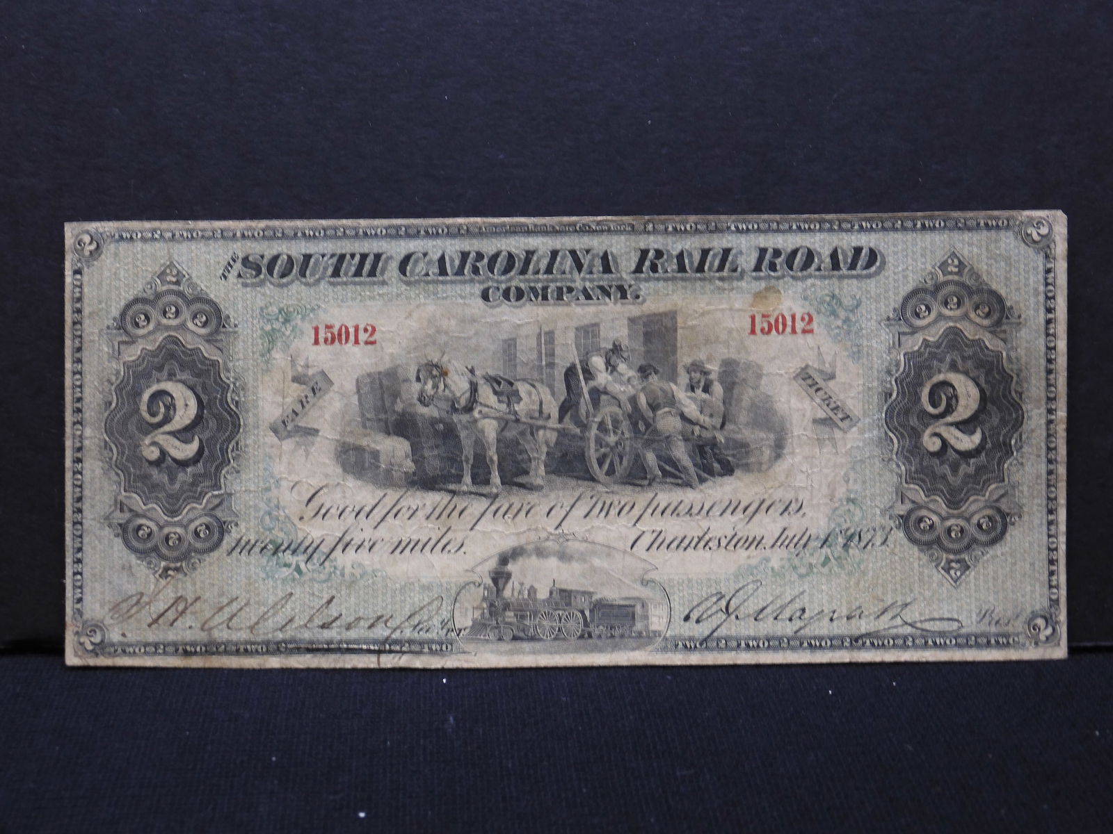 1873 $2 South Carolina Raid Road Fare Note.  Choice VF.  Really Scarce. (1 of 3)