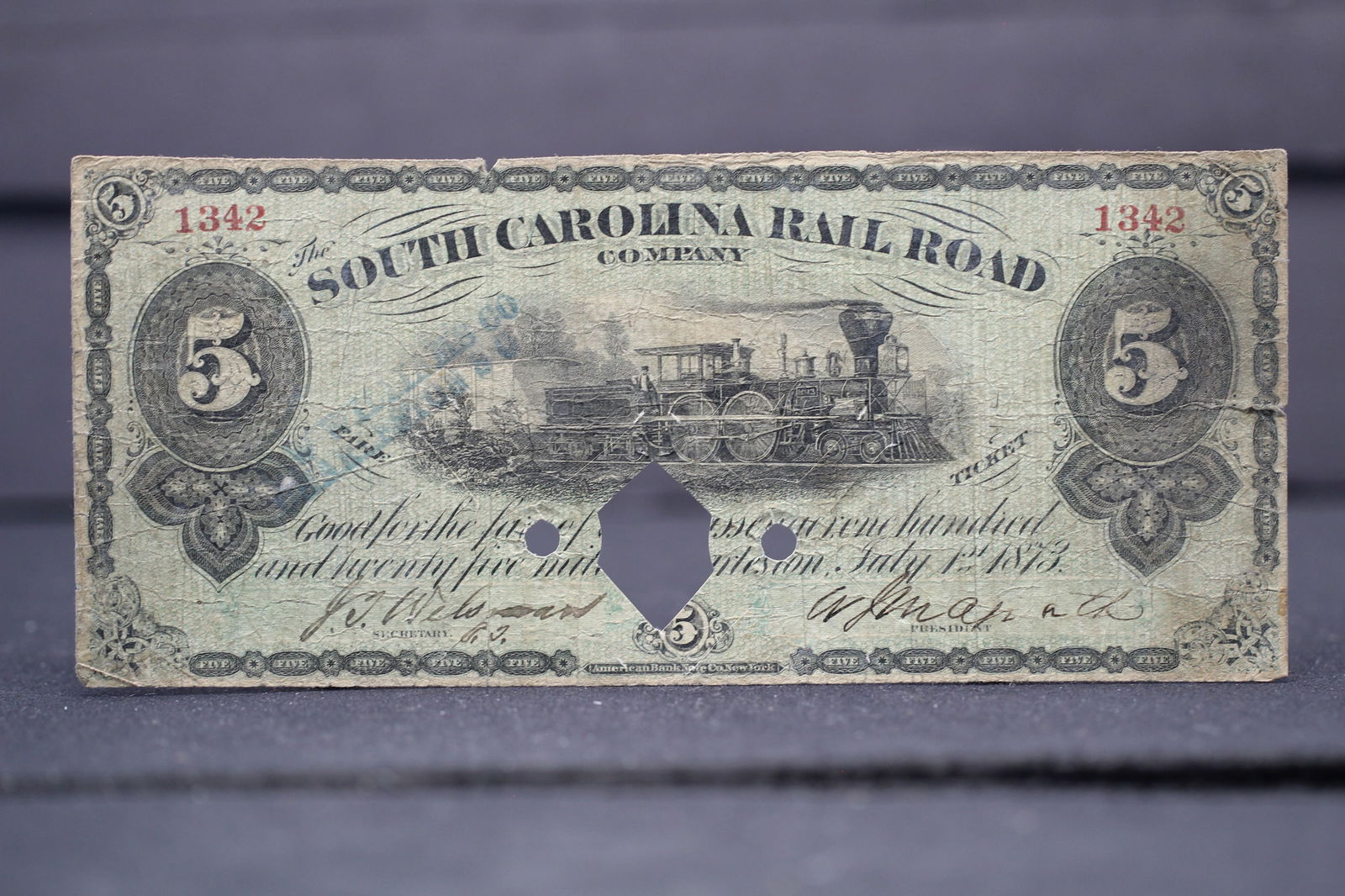 1873 South Carolina Railroad Company $5 Fare Ticket (punch canceled): 1873 South Carolina Railroad Company $5 Fare Ticket (punch canceled)