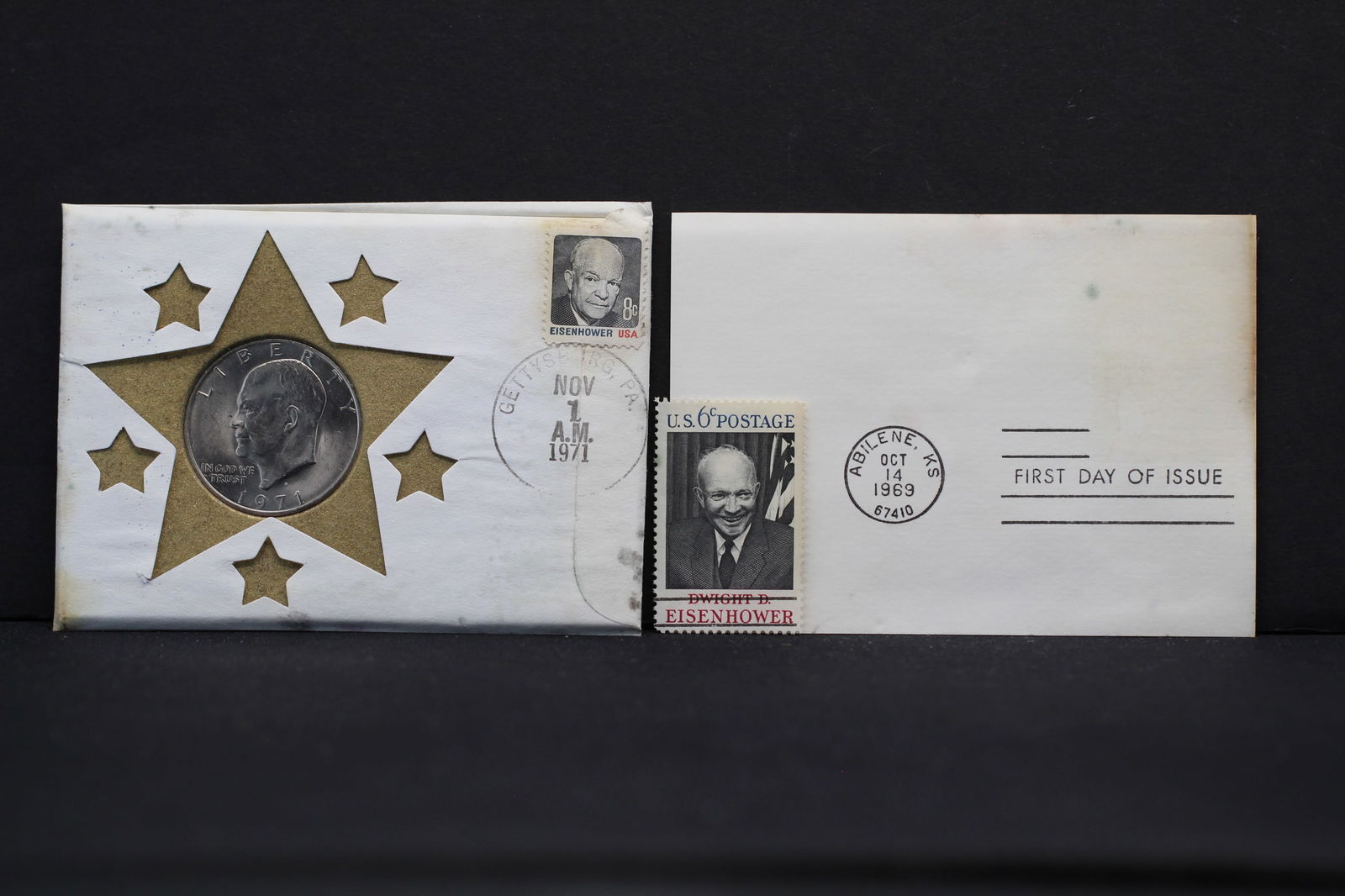 1971-D Ike Dollar, CH BU w/ Two Eisenhower Stamps; 6c. and 8c. First Day Cover, Rare Find (1 of 6)