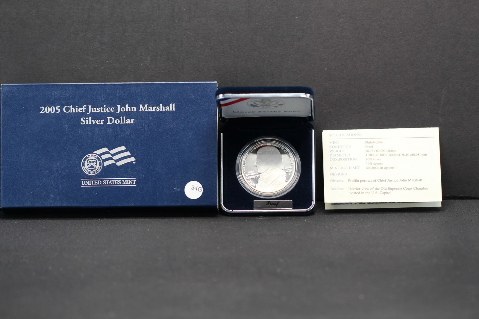 2005-P Proof Chief Justice John Marshall Commemorative 90% Silver Dollar. OGP/COA. SCARCE, 400k (1 of 5)