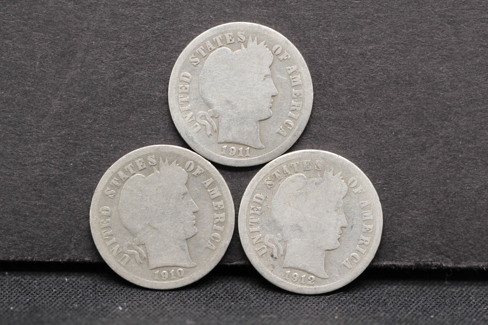 3 Consecutive, 1910-1911-1912, 90% Silver, Barber Dimes (1 of 2)