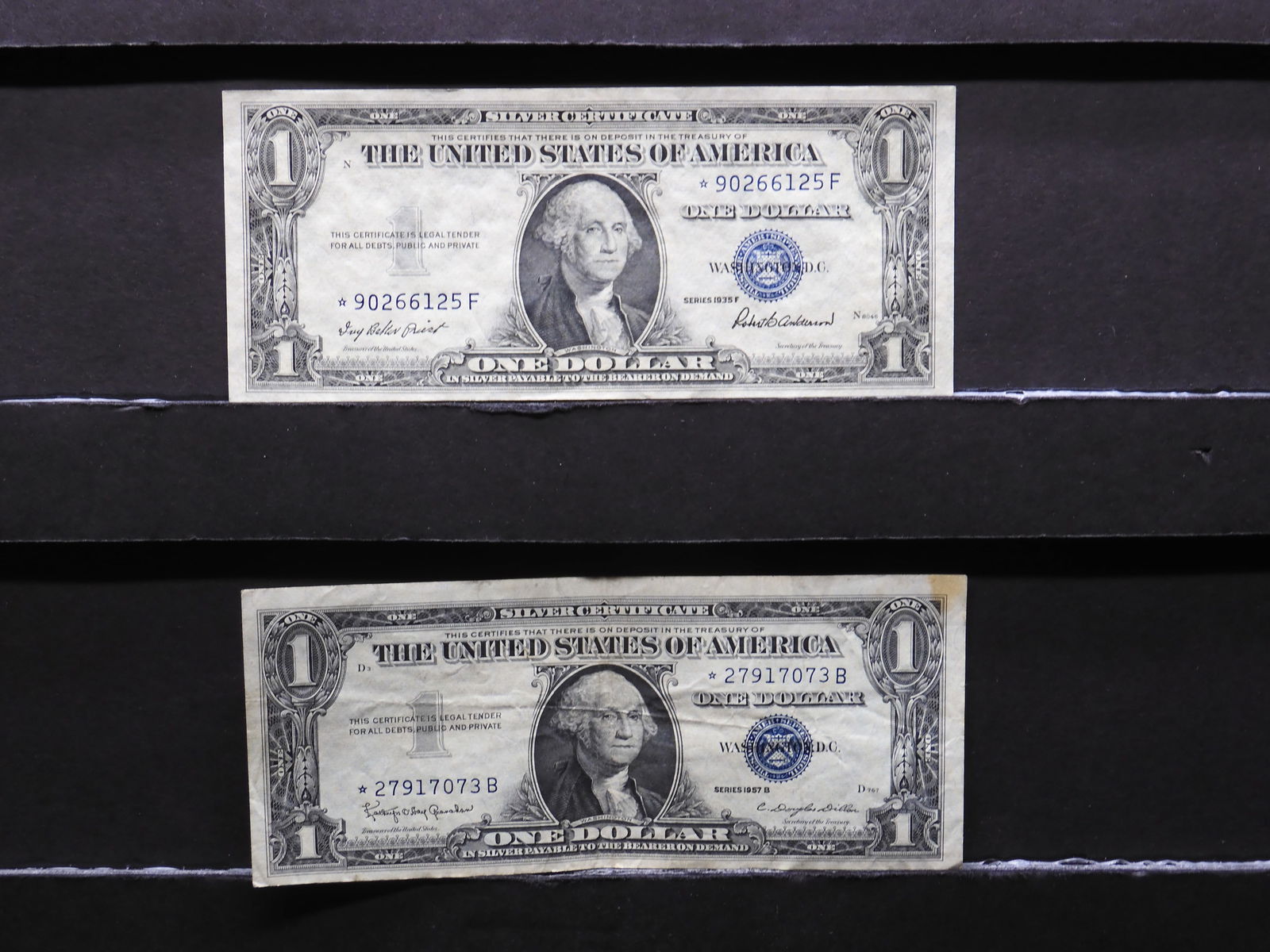 2 - $1 Silver Certificates. 1935F + 1957B Star Replacement Notes. XF. (1 of 4)