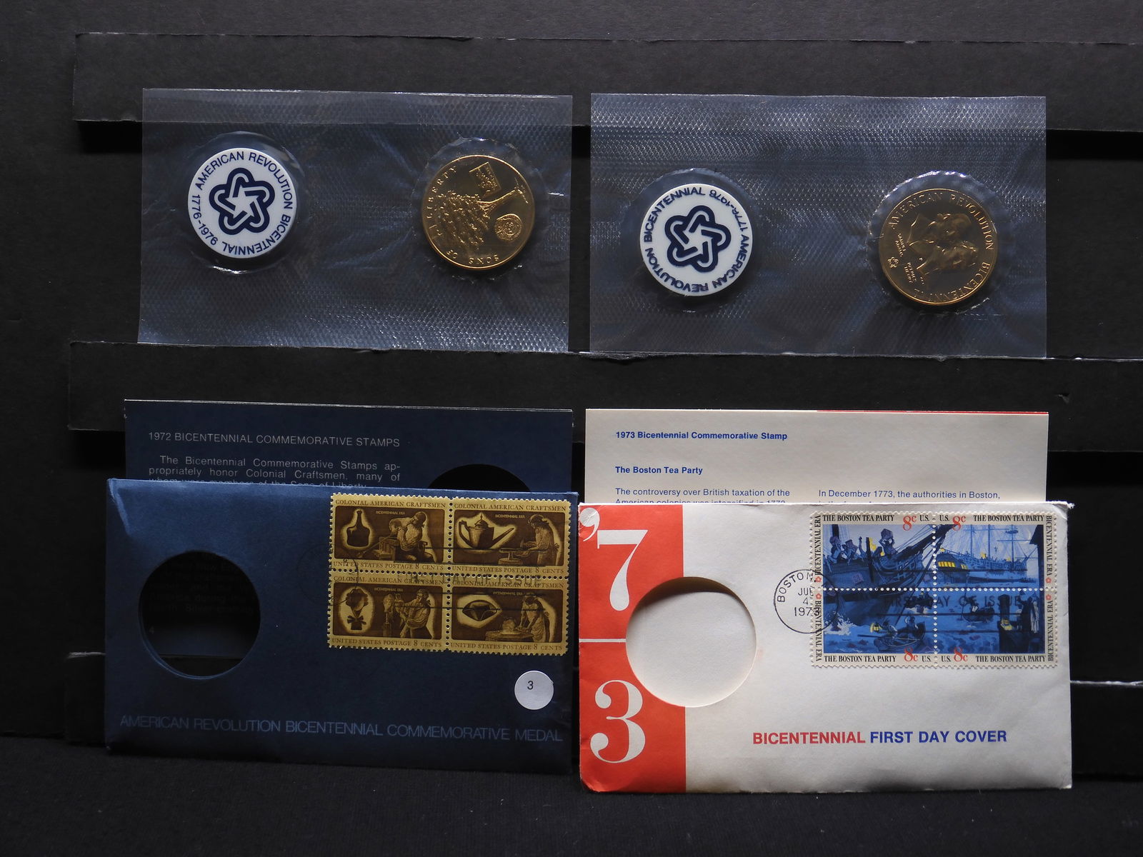 Two Bicentennial block of 4 plus Revolution Medal First Day Covers: 1972 and 1973.: Two Bicentennial block of 4 plus Revolution Medal First Day Covers: 1972 and 1973.
