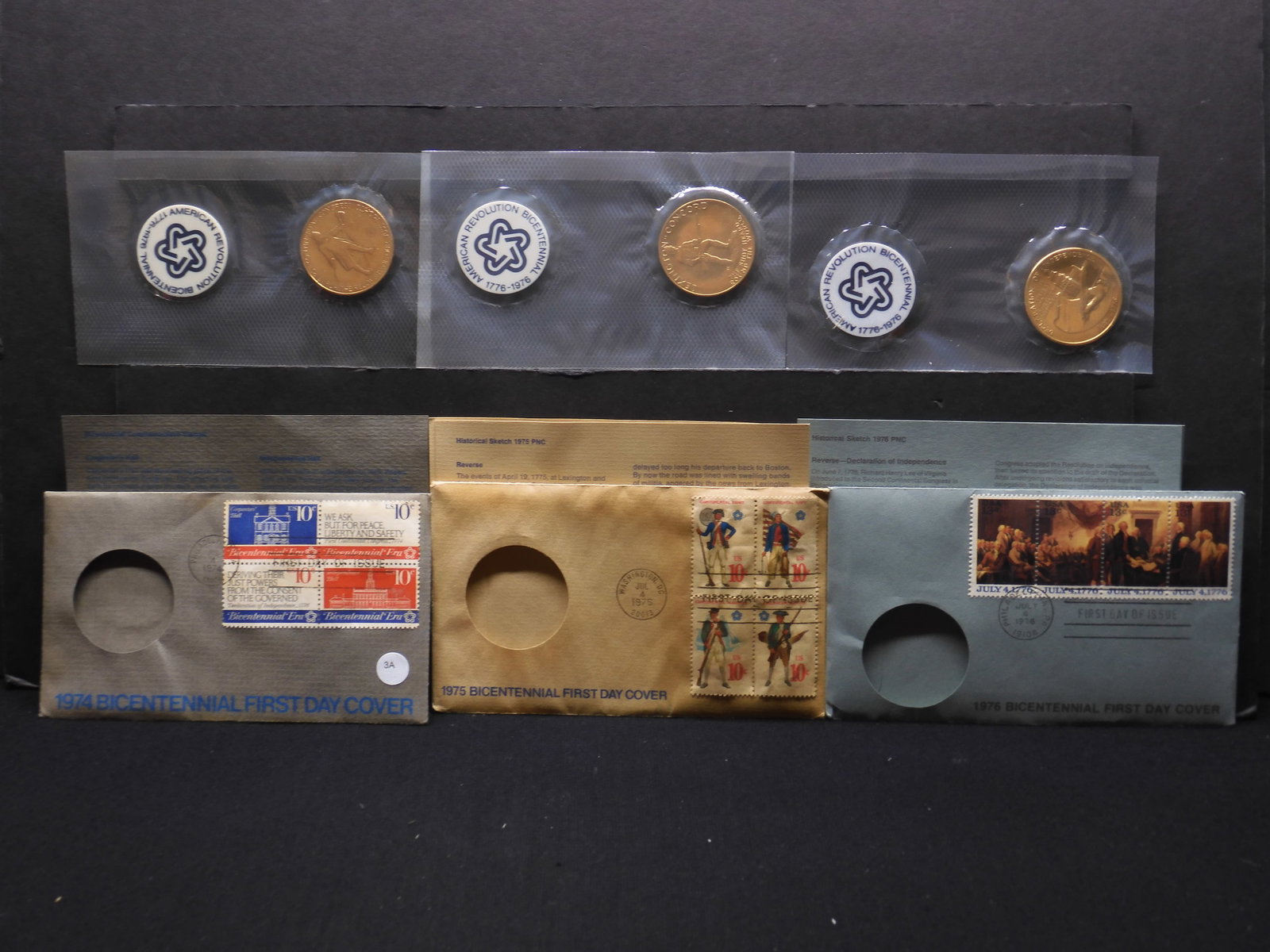 Three Bicentennial block of 4 plus Revolution Medal First Day Covers: 1974 1975, and 1976.: Three Bicentennial block of 4 plus Revolution Medal First Day Covers: 1974 1975, and 1976. Completes the set.