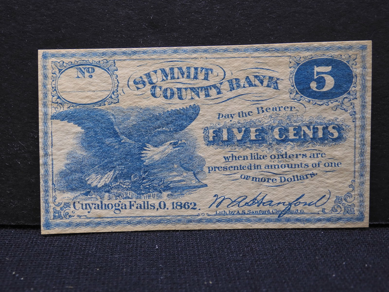 1862 Summit County Bank Cuyahoga Falls, Ohio 5c Obsolete Note (1 of 3)
