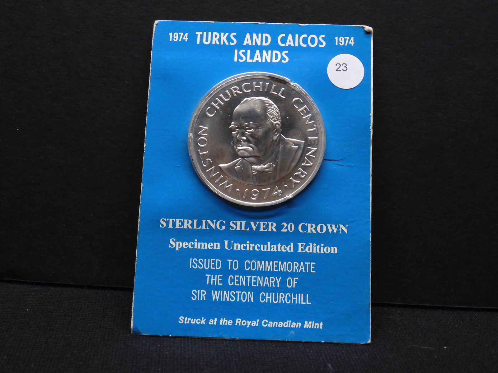 1974 Turks & Caicos sterling silver 20 Crowns.  1.15 TOZ silver.  GEM uncirculated in original card (1 of 3)
